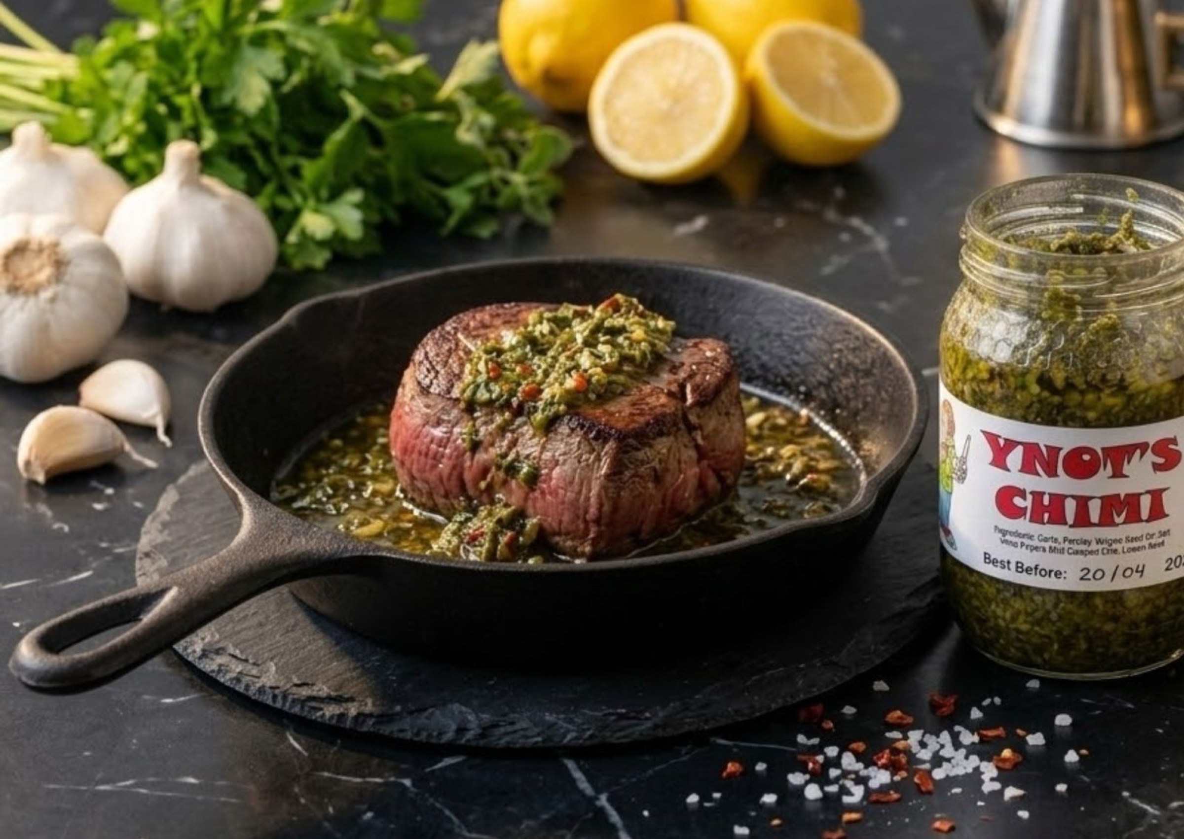 A steak drizzled with Ynot's Chimi